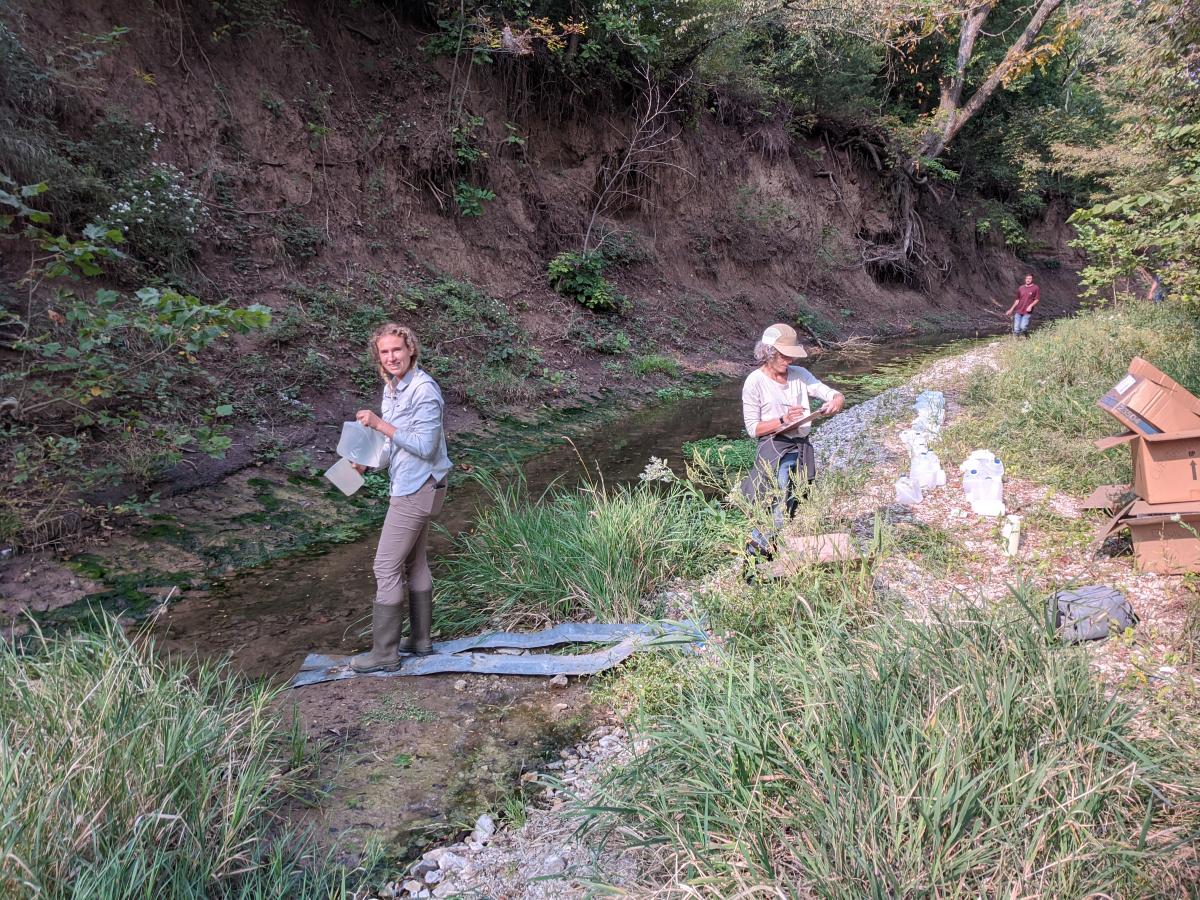 Gretchen sampling stream water to analyze for nutrients, ions, and nitrogen isotopes.