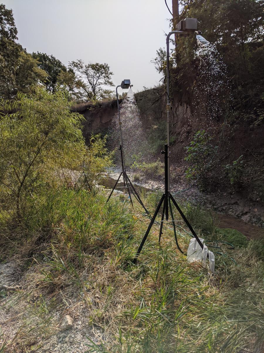 The rainfall simulation experiment over the riparian zone at Kings Creek was about 2.5 inches for 1.22 hours with a 6.4 x 3.2 m rainfall footprint.
